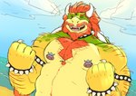 anthro arm_hair armband baps_fucks~ beach beard body_hair bowser bracelet chest_hair collar facial_hair fist flexing flexing_bicep flexing_both_biceps flowing_hair hair hi_res horn jewelry koopa looking_at_viewer male mario_bros musclegut muscular muscular_anthro muscular_male nintendo nipple_piercing nipples one_eye_closed pecs piercing raised_arm raised_fist red_hair scalie seaside shell shirtless sketch solo spiked_armband spiked_bracelet spiked_collar spikes wink winking_at_viewer