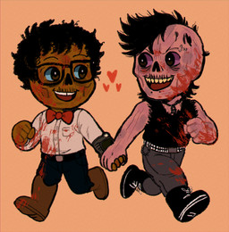 alternative_fashion belt black_bottomwear black_clothing black_hair black_pants black_shirt black_tank_top black_topwear blood blood_on_clothing blood_on_face blood_splatter bodily_fluids boots bottomwear bow_tie clothed clothing collared_shirt cowboy_boots duo eyebrow_piercing eyewear facial_piercing footwear glasses hair hand_holding heart_symbol looking_at_another male missing_nose necrosis not_furry pants piercing punk red_bow_tie shirt shoes simple_background studded_belt studs tank_top topwear wearing_glasses white_clothing white_shirt white_topwear nuclearconsole fallout microsoft silvio_rivera_(nuclearconsole) wu-yi_(nuclearconsole) ghoul_(fallout) humanoid english_description hi_res