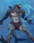 2024 abs anthro blue_eyes bottomwear bubble_ring bulge cetacean clothed clothing dolphin dorsal_fin feet fin gradient_background grey_body hi_res male mammal marine membrane_(anatomy) muscular muscular_male navel nipples pecs shorts signature simple_background solo tail taran_fiddler teeth toes toothed_whale topless underwater water webbed_feet webbed_hands weretober weretober2024