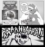 absurd_res ambiguous_gender anthro biped bodily_fluids cock_and_ball_torture comic crossed_arms darkluxia dialogue drooling duo english_text fur generation_4_pokemon genital_torture greyscale hi_res lopunny male monochrome navel nintendo onomatopoeia open_mouth pokemon pokemon_(species) saliva screaming sound_effects speech_bubble surprise text thought_bubble weavile