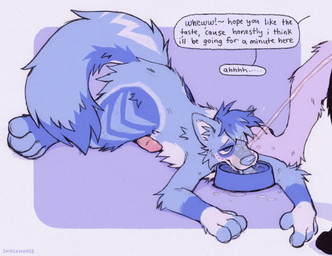 anthro bedroom_eyes bodily_fluids bowl container dialogue digitigrade drinking drinking_urine duo fluffy fluffy_tail genital_fluids genitals head_tuft humiliation inner_ear_fluff lying male male/male markings narrowed_eyes on_front pee_in_bowl peeing peeing_on_another penis pet_bowl seductive speech_bubble tail text tongue tongue_out tuft urine urine_in_bowl urine_in_mouth urine_on_face urine_on_ground urine_stream watersports snackhorse miles_fusky english_text hi_res
