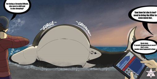 abdominal_bulge ambiguous_gender beach beached belly big_belly black_body black_skin blue_clothing blue_hat blue_headwear bodily_noises clothing dialogue different_sound_effects digestion digestion_noises extended_sound_effect female female_pred feral feral_pred genitals group hat headgear headwear human_prey implied_permanent jacket lying male mass_vore multiple_prey number on_side onomatopoeia permanent red_clothing red_jacket red_topwear seaside shore sleeping sound_effect_variant sound_effects species_in_dialogue speech_bubble tablet text topwear vore vowelless vowelless_sound_effect vulva white_belly white_body white_skin zzz sentinelwinder yamie aquatic cetacean dolphin human mammal oceanic_dolphin orca toothed_whale english_text story story_at_source story_in_description