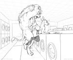 2018 anthro anthro_on_anthro appliance bent_over big_dom_small_sub black_and_white blush bodily_fluids breasts bulge clothed clothing cloven_hooves cum cum_inside cum_pool deer dominant duo eyewear felid female from_behind_position garter_belt garter_straps genital_fluids glasses hand_on_head hi_res hooves inside interspecies larger_male laundromat laundry_machine leaking leaking_cum legwear lion male male/female mammal mature_female monochrome muscular muscular_male nipples nude one_leg_up pantherine predator/prey raised_leg saliva saliva_string sex sharp_teeth size_difference sketch small_breasts smaller_female stockings teeth text thigh_highs url washing_machine zaush