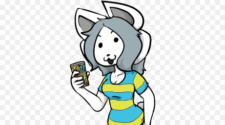 anthro anthrofied black_eyes black_hair blue_clothing blue_shirt blue_topwear breasts checkered checkered_background clothed clothing female hair holding_object looking_at_viewer open_mouth pattern_background pattern_clothing shirt simple_background smile solo striped_clothing stripes text topwear white_background white_body white_ears white_skin yellow_clothing yellow_shirt yellow_topwear undertale undertale_(series) temmie_(undertale) mammal tem