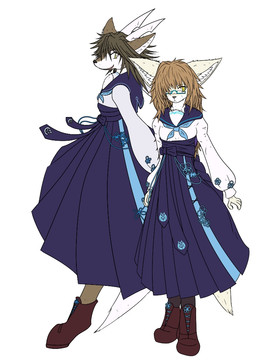 anthro asian_clothing big_ears brown_body brown_fur brown_hair clothed clothing countershade_face countershading duo east_asian_clothing female fur hair japanese_clothing japanese_school_uniform kemono long_hair multicolored_body school_uniform serafuku simple_background uniform white_background white_body white_fur mttbsmn deer mammal 2021 japanese_description