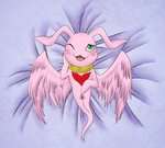 antennae_(anatomy) blush collar dakimakura feathered_wings feathers female genitals lying one_eye_closed open_mouth open_smile pink_body pink_feathers pussy smile solo wings p.v.su bandai_namco digimon digimon_(species) marineangemon dakimakura_design