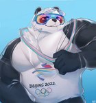 anthro barazoku black_body black_nose humanoid_hands kemono male simple_background solo text visor white_body juziha666 2022_beijing_winter_olympics olympics winter_olympics bing_dwen_dwen bear giant_panda mammal 2022 hi_res