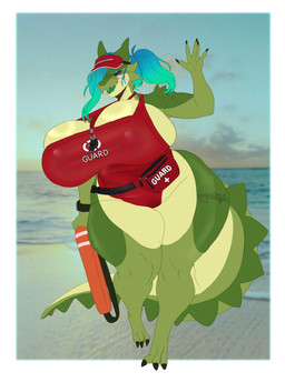 3_toes 5_fingers anthro beach big_breasts blue_eyes blue_eyeshadow blue_hair breasts claws clothed clothed_anthro clothed_female clothing countershading curvy_figure dark_sclera day eyelashes eyeshadow fanny_pack feet female female_anthro fingers green_body green_tail hair hat headgear headwear holding_object huge_breasts lifeguard lifeguard_swimsuit logo makeup multicolored_body nipple_outline nipples non-mammal_breasts non-mammal_nipples one-piece_swimsuit open_mouth open_smile outside pose red_clothing red_hat red_headwear red_swimwear sand sea seaside sky smile solo swimwear tail text thick_thighs toe_claws toes visor_cap water wide_hips gatoradeew gatora_(gatoradeew) alligator alligatorid crocodilian reptile scalie 2025 absurd_res artist_logo digital_media_(artwork) english_description full-length_portrait hi_res pinup portrait watermark