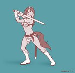 action_pose anthro armor belt bikini bikini_armor boots chainmail chainmail_bikini clothing determined equid equine female footwear gloves handwear horse jewelry mammal melee_weapon merystic necklace pose red_shetland scabbard solo swimwear sword unconvincing_armor warrior weapon