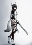 anthro aot armor belt bottomwear breasts butt clothed clothing female fur hair holding_object holding_weapon looking_at_viewer melee_weapon simple_background solo standing sword topwear weapon white_background narikusha attack_on_titan snk mikasa_ackerman canid canine canis mammal wolf digital_media_(artwork) full-length_portrait hi_res portrait sketch