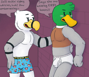 anthro black_text black_waistband blue_boxer_briefs blue_clothing blue_underwear blush boxer_briefs boxer_briefs_only brick brick_wall briefs bulge clothed clothing colored_seam_briefs colored_seam_underwear detailed_bulge dialogue duo embarrassed embarrassing_nudity grey_seam_briefs grey_seam_underwear grey_waistband humiliation inside male print_boxer_briefs print_clothing print_underwear smug speech_bubble text tighty_whities topless underwear underwear_only waistband_stripe wall_(structure) white_briefs white_clothing white_underwear gramy kirby_(series) nintendo kirby anas anatid anseriform avian bird dabbling_duck duck gull lari larid mallard english_text