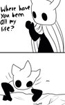 2_horns 2_panel_comic ambiguous_gender biped black_body black_eyes black_text cloak clothing dialogue duo horn motion_lines question_mark simple_background standing text white_background white_head skeletorskeletonized hollow_knight team_cherry the_knight_(hollow_knight) vessel_(species) 2020 5:8 comic digital_media_(artwork) english_text hi_res