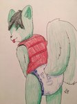 anthro bent_over big_tail black_hair blep clothed clothing cushies_(diaper) diaper diaper_fetish eyes_closed fur green_body green_fur hair looking_back male puffer_vest slightly_chubby solo tail tongue tongue_out topwear vest wearing_diaper astral_11 abuniverse cushies remy_(jeremiahs) domestic_cat felid feline felis hybrid mammal mephitid skunk colored_pencil_(artwork) hi_res traditional_media_(artwork)