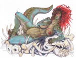 anthro bone breasts female genitals licking nipples nude pose pussy red_eyes scar solo tail tongue tongue_out iggi capcom monster_hunter brute_wyvern deviljho savage_deviljho scalie pinup