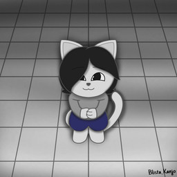 anthro black_hair bottomwear chibi clothed clothing female floor fur grey_body grey_fur hair looking_at_viewer pants smile smiling_at_viewer solo sweater tail topwear blista_kanjo luxo_(blista_kanjo) domestic_cat felid feline felis mammal 1:1 2024 digital_drawing_(artwork) digital_media_(artwork) hi_res shaded signature watermark