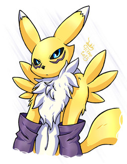 anthro armwear black_nose black_sclera blue_eyes clothed clothing countershade_torso countershading dipstick_ears ear_markings fur fur_tuft iris mostly_nude multicolored_ears pupils purple_armwear purple_body purple_clothing solo tail tuft two_tone_ears white_body white_countershading white_ears white_fur yellow_arms yellow_body yellow_ears yellow_face yellow_fur yellow_head yellow_tail joakaha bandai_namco digimon canid canine digimon_(species) mammal renamon 2025 hi_res