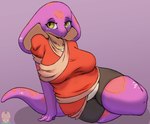 anthro big_breasts breasts clothed clothing countershading female fully_clothed non-mammal_breasts purple_body sitting snake_hood solo spots squish tail thick_tail thick_thighs thigh_squish wide_hips masc0t361 keeshee cobra lamarian reptile scalie snake 2020 digital_media_(artwork) hi_res shaded watermark