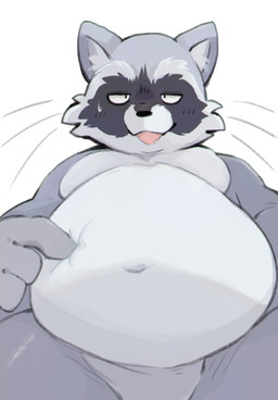 anthro belly big_belly biped black_body black_fur black_nose fur grey_body grey_fur humanoid_hands kemono male navel open_mouth overweight overweight_male simple_background solo white_background tinntira mammal procyonid raccoon 2026 hi_res