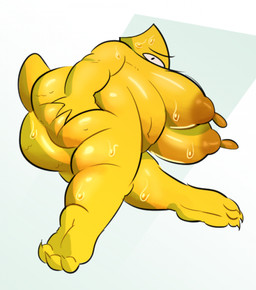 anthro areola big_areola big_breasts big_butt bodily_fluids breasts brown_areola brown_nipples butt butt_squish erect_nipples eyewear female glasses hand_on_butt hand_on_own_butt huge_breasts long_nipples looking_at_viewer navel nipples non-mammal_breasts non-mammal_navel non-mammal_nipples nude nude_anthro nude_female overweight overweight_anthro overweight_female simple_background solo squish sweat sweaty_body sweaty_breasts sweaty_butt sweaty_face sweaty_legs sweaty_thighs tail thick_thighs white_background wide_hips yellow_body hhbrother undertale_(series) alphys dinosaur prehistoric_species reptile scalie 2026 digital_drawing_(artwork) digital_media_(artwork) english_description hi_res