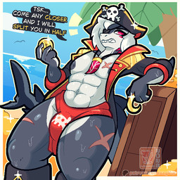 anthro beach biped clothed clothing coin costume eye_patch eyewear gold_(metal) gold_coin gold_jewelry hair headgear headwear jewelry looking_at_viewer male outside palm_tree palms pirate pirate_costume pirate_hat pirate_outfit plant red_eyes sand scar sea seaside simple_background sky smile solo sparkles teeth text tree water nagifur mythology reef_(nagifur) fish mammal marine mythological_creature shark 1:1 digital_media_(artwork) english_text