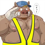 anthro belly blush brown_body brown_fur clothing fur hat headgear headwear humanoid_hands kemono male moobs nipples overweight overweight_anthro overweight_male simple_background solo text white_background raichoclub mammal suid suine sus_(pig) wild_boar 1:1 2020 japanese_text