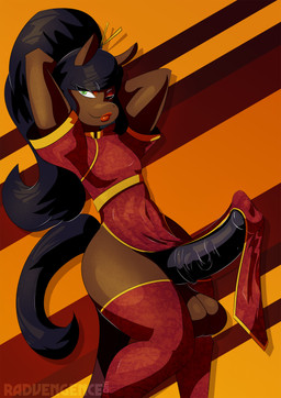 animal_genitalia animal_penis anthro asian_clothing big_penis black_hair brown_body brown_fur chinese_clothing chinese_dress clothed clothing crossdressing dress east_asian_clothing equine_genitalia equine_penis erection erection_under_clothing eyeshadow femboy fur genitals green_eyes hair legwear lipstick looking_at_viewer makeup male penis ponytail red_clothing solo stockings thigh_highs vein radvengence lunar_new_year equid equine horse mammal absurd_res digital_media_(artwork) hi_res