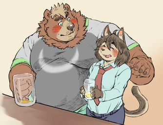 alcohol anthro beer belly beverage bottomwear clothing drunk duo eyes_closed humanoid_hands kemono male necktie overweight overweight_male pants shirt substance_intoxication topwear exe_exem lifewonders live_a_hero cat_operator goro_(live_a_hero) protagonist_(live_a_hero) bear felid feline mammal 2020 digital_media_(artwork)