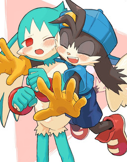 abstract_background anthro backwards_baseball_cap backwards_hat baseball_cap black_body black_fur blue_clothing blue_shirt blue_topwear blush bottomwear cheek_to_cheek clothing duo eyes_closed fangs footwear fur gloves green_body green_fur handwear hat headgear headwear hug hugging_another hugging_from_behind jumping kemono male male/male one_eye_closed open_mouth red_clothing red_eyes red_footwear red_shoes red_sneakers shirt shoes shorts sneakers teeth topwear yellow_clothing yellow_gloves yellow_handwear young young_anthro young_male amber_graygamma bandai_namco klonoa_(series) king_of_sorrow klonoa 2023