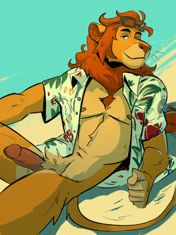 aloha_shirt anthro beach bottomless bottomless_anthro bottomless_male circumcised clothed clothing countershade_crotch countershade_snout countershade_torso countershading erection eyewear eyewear_on_head fur genitals glans glasses glasses_on_head humanoid_genitalia humanoid_penis looking_at_viewer male male_anthro mane multicolored_body multicolored_fur muscular muscular_male nipples on_elbow open_clothing open_shirt open_topwear outside pattern_clothing pattern_shirt pattern_topwear penis pubes public public_nudity shirt shirt_only smug_face snout solo tail tail_tuft topwear topwear_only tuft two_tone_body two_tone_fur wearing_sunglasses heromule najani_(proudlioness) felid lion mammal pantherine 3:4 digital_drawing_(artwork) digital_media_(artwork) hi_res