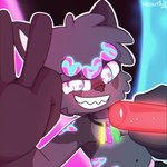 4_fingers anthro belly black_nose bottomwear clothed clothing dark_body dark_fur fingers fur gesture glowing glowing_eyes glowing_markings glowstick glowstick_necklace hand_gesture holding_glowstick holding_object looking_at_viewer male male_anthro markings navel pants pose rave slightly_chubby slightly_chubby_anthro slightly_chubby_male smile smiling_at_viewer solo teeth topless topless_anthro topless_male v_sign meowtinz louis_(meowtinz) domestic_cat felid feline felis mammal 1:1 2025 absurd_res colored digital_media_(artwork) hi_res shaded