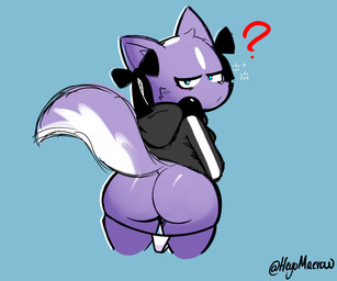 anthro big_butt black_bow black_clothing black_hoodie black_topwear blue_background blue_eyes butt clothing eyelashes female fur hoodie looking_at_viewer looking_back looking_back_at_viewer purple_body purple_fur question_mark rear_view simple_background solo thick_thighs thong thong_down topwear underwear white_body white_clothing white_fur white_thong white_underwear wide_hips heyomaerow aggretsuko sanrio shikabane_(aggretsuko) mammal mephitid skunk 6:5 absurd_res hi_res