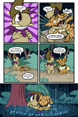 5_panel_comic ambiguous_gender annoyed bandage biped black_cape black_clothing black_eyes black_nose black_text blue_text brown_body brown_fur brown_hair cape clenched_teeth clothing coin dialogue directional_arrow duo_focus ellipsis exclamation_point eye_patch eyebrows eyelashes eyewear feral fluffy fluffy_tail forest fur group hair happy holding_coin holding_object hug hugging_another leaf looking_at_another lying on_front on_ground one_eye_obstructed open_mouth open_smile outside page_number paws plant pupils purple_eyes purple_scarf quadruped question_mark raining scarf sharp_teeth shrub smile sparkles speech_bubble standing tail talking_to_another teeth text tongue toony translucent translucent_hair tree trio tusks white_sclera white_text virmir nintendo pokemon pokemon_mystery_dungeon spike_chunsoft virmir_(character) zinc_(zincxiron) axew eevee generation_1_pokemon generation_5_pokemon pokemon_(species) venomoth 2026 2:3 absurd_res comic english_text hi_res