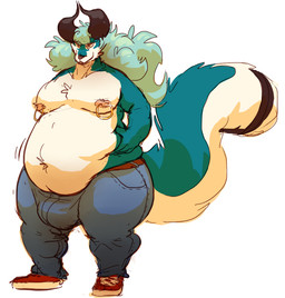anthro belly belly_grab belly_tuft belt big_belly big_bulge big_tail bottomwear bulge clothed clothing denim denim_bottomwear denim_clothing fluffy fluffy_tail footwear hair horn jeans long_hair looking_at_viewer male moobs navel_tuft nipple_piercing nipple_ring nipples overweight overweight_male pants pear-shaped_figure piercing ring_piercing shoes smile sneakers solo tail thick_thighs topless tuft wide_hips joebluefox joe_(joebluefox) canid canine fox mammal