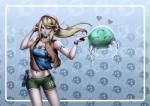 ^_^ blonde_hair blue_eyes bodily_fluids border bottomwear breasts cleavage clothed clothing drooling duo electronics eyes_closed female green_body hair headphones heart_symbol jacket midriff navel pattern_background saliva shirt shorts simple_background smile tan_body tan_skin topwear white_border digiflohw metroid nintendo super_smash_bros. samus_aran the_baby alien human mammal metroid_(species)