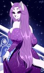 anthro breasts clothing curvy_female curvy_figure dress female fluffy fur hair long_dress long_hair looking_at_viewer pose purple_hair simple_background solo star white_body white_fur zhadart domestic_cat felid feline felis mammal digital_media_(artwork) flat_colors hi_res pinup sketch