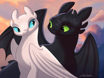 black_body blue_eyes duo eye_contact eyelashes female feral green_eyes looking_at_another male membrane_(anatomy) membranous_wings nude outside sky smile white_body wings felixcartoons dreamworks european_mythology how_to_train_your_dragon mythology nubless toothless dragon fury_(httyd) light_fury mythological_creature mythological_scalie night_fury scalie western_dragon 4:3 colored digital_drawing_(artwork) digital_media_(artwork) hi_res shaded