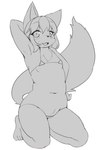 2018 anthro belly bikini blush canid canine clothing female fluffy fluffy_tail fox greyscale hair kemono looking_at_viewer mammal monochrome navel open_mouth raised_arm shirokoma simple_background snout solo swimwear tail white_background