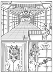 absurd_res ambiguous_gender anthro black_and_white canid canine clothed clothing comic door ear_piercing english_text fox group hi_res inner_ear_fluff inside kifyun2 male mammal monochrome piercing simple_background speech_bubble tatsuo_kimura text tuft
