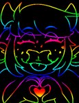 2024 2_horns abstract_art anthro black_background bovid bovine cattle colored_line_art doodle_dip eyebrow_through_hair eyebrows eyelashes eyes_closed female gesture hair hand_heart heart_symbol horn mammal minimalist momo_(doodle_dip) multicolored_line_art rainbow_line_art short_hair simple_background smile solo tongue tongue_out translucent translucent_hair