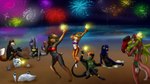 anthro beach bikini celebration clothing female fireworks group kissing male sand_castle sculpture seaside swimwear two-piece_swimsuit crys mintchip tangobunny canid canine canis fox lagomorph leporid mammal rabbit wolf 16:9 hi_res widescreen