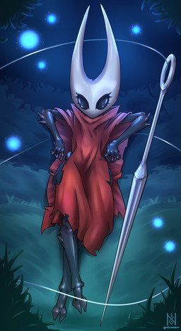 anthro black_body black_eyes cloak cloak_only clothing eyelashes female front_view looking_at_viewer lying on_back red_cloak red_clothing solo thick_thighs weapon white_body wide_hips nixonison hollow_knight_(franchise) team_cherry hornet_(hollow_knight) arthropod insect absurd_res hi_res