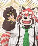 anthro black_nose blush humanoid_hands kemono keychain male necktie overweight overweight_male red_body solo suspenders kotadash lifewonders tokyo_afterschool_summoners zhurong_(tas) ailurid mammal red_panda 2023