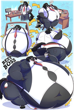 anthro beverage boss bulge clothing coffee coffee_mug dessert doorway doughnut food furniture hair ill-fitting_clothing long_hair male morbidly_obese necktie obese outgrowing_clothes overweight pastry small_clothing solo speech_bubble stuck stuck_in_door suit suspenders table tail torn_clothing weight_gain weight_gain_sequence dennyy equid equine horse mammal absurd_res hi_res