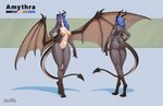 anthro anus blue_eyes blue_hair breasts butt claws countershading curvy_figure featureless_breasts female front_view genitals hair horn medium_breasts membrane_(anatomy) membranous_wings navel nipple_piercing nipples piercing pussy rear_view solo spread_wings tail thick_thighs wide_hips wings saltamor mythology amythra dragon mythological_creature mythological_scalie scalie hi_res model_sheet