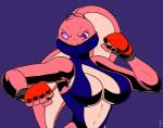 angry anthro athletic athletic_anthro athletic_female big_breasts blue_eyes breasts cleavage clothed clothing female fighting_pose fingerless_gloves fur gloves handwear kickboxing long_ears navel pink_body pink_fur pose simple_background solo conditional_dnp zp92 lagomorph leporid mammal rabbit 2015 digital_media_(artwork) hi_res