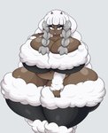 absurd_res big_breasts breasts cleavage clothed clothing female generation_8_pokemon hi_res horn horned_humanoid huge_breasts humanoid humanoid_pointy_ears hyper luditima nintendo pokemon pokemon_(species) pokemon_humanoid pokemorph simple_background slightly_chubby solo thick_thighs wooloo