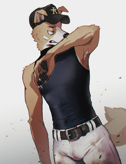 anthro armpit_hair athletic athletic_anthro athletic_male bandage bandage_on_face baseball_cap baseball_uniform body_hair claws clothing dirty dirty_clothing fangs finger_claws fluffy fluffy_tail folded_ears fur hat headgear headwear jock kemono male multicolored_body multicolored_fur pawpads shadow shirt solo sportswear tail tan_body tan_fur teeth topwear two_tone_body two_tone_fur undershirt uniform k0bit0wani canid canine canis domestic_dog mammal absurd_res hi_res