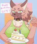 abstract_background anthro big_breasts birthday birthday_cake breasts brown_body brown_fur brown_hair brown_nose cake candle cheek_tuft chest_tuft cleavage clothed clothing collar cutlery dessert dialogue eating facial_tuft fangs female female_anthro food fork fur green_clothing green_eyes hair inner_ear_fluff kemono kitchen_utensils looking_at_viewer multicolored_body multicolored_fur name_tag open_mouth shirt simple_background solo spiked_collar spikes tank_top teeth text tongue tools topwear tuft two_tone_body two_tone_fur conditional_dnp whitev keisatsu_dog_(sususuigi) canid canine canis domestic_dog mammal 2022 5:6 absurd_res english_text half-length_portrait hi_res japanese_text portrait