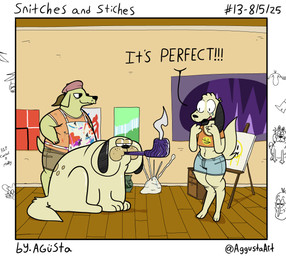 anthro art_studio artist baseboard black_body black_ears black_eyes black_fur black_nose black_text blue_bottomwear blue_clothing blue_shorts bodily_fluids border bottomwear chest_tuft closed_smile clothed clothed_anthro clothed_male clothing crop_top crying denim denim_bottomwear denim_clothing denim_shorts dialogue drawer duo easel floor floppy_ears fully_clothed fully_clothed_anthro fully_clothed_male fur happy hat head_tuft headgear headwear humor inside male midriff mouth_closed multicolored_body multicolored_fur narrowed_eyes navel open_mouth open_smile orange_clothing orange_crop_top orange_shirt orange_topwear painting_(object) pottery sculpture shirt shorts smile smiley_face smoke smoke_pipe standing tail tan_body tan_bottomwear tan_clothing tan_fur tan_shorts tears tears_of_joy text topwear tuft wall_(structure) wearing_hat white_border wood wood_floor agusta garfield_(series) kilroy_was_here garfield_the_cat stich_(agusta) canid canine canis domestic_dog mammal 2025 absurd_res artist_name comic dated digital_media_(artwork) english_description english_text hi_res meme one_panel_comic sketch