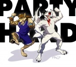 alcohol anthro beverage biceps black_hair blood bodily_fluids bottomwear clothing collar cuff_(restraint) duo eyes_closed feathered_wings feathers food fur hair handcuffs male metal_cuffs muscular nosebleed pants party_hard restraints shackles shirt shorts simple_background standing tattoo teeth text tongue topwear white_background wings pac andrew_w.k. party_animal_(andrew_w.k.) arctic_wolf canid canine canis mammal wolf 2014 english_text